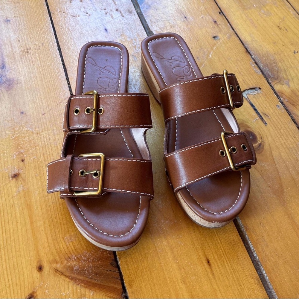 JCrew double golden buckle wood leather clogs sandals
